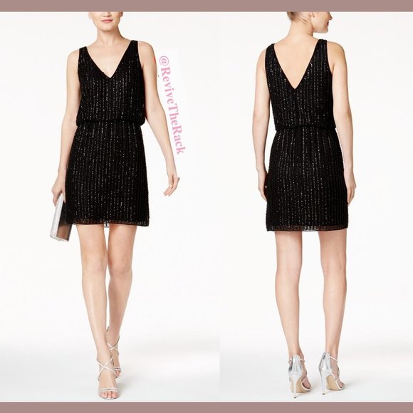 NEW $250 Adrianna Papell Sequin Mesh‎ Blouson Dress in Black [SZ 6 ] - Picture 2 of 8